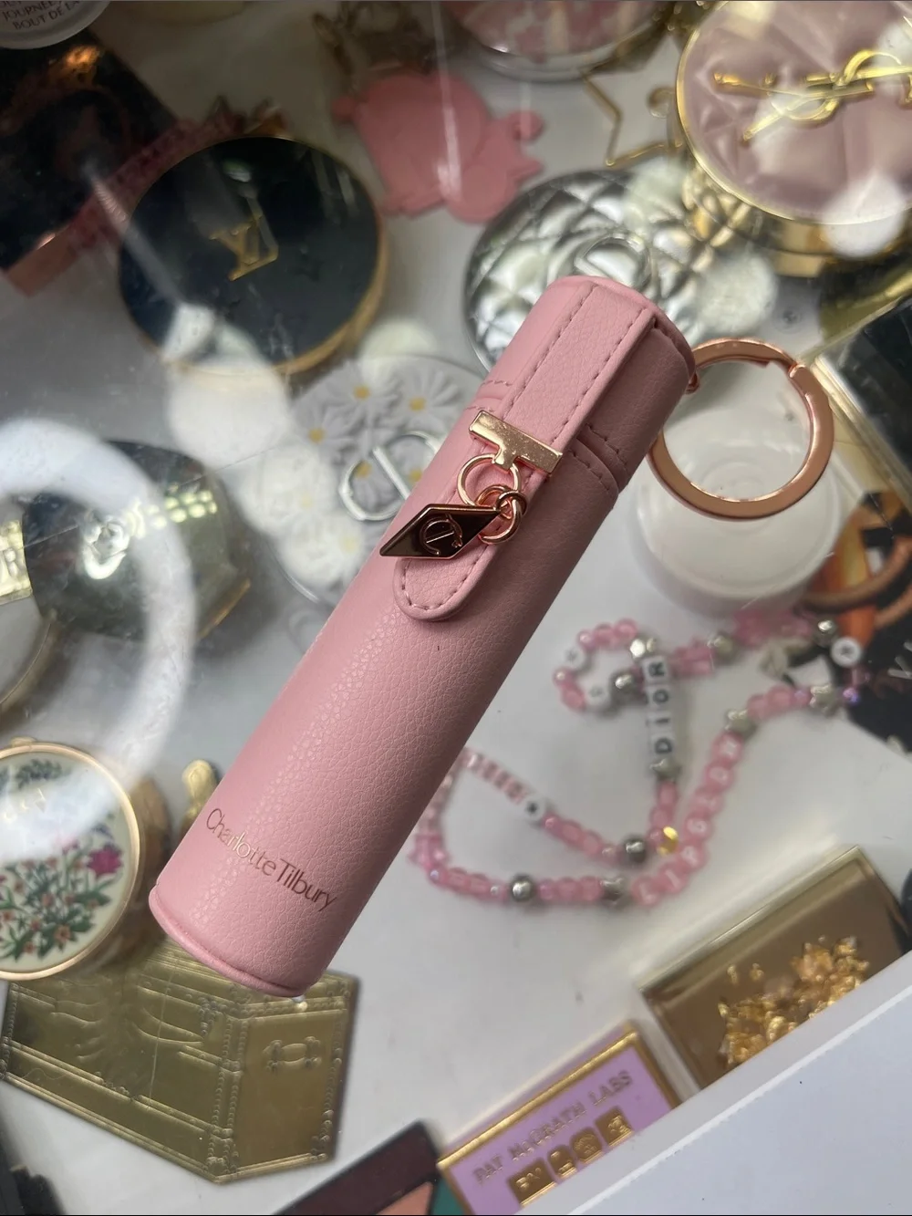 Charlotte Tilbury pink faux leather lipstick holder keychain